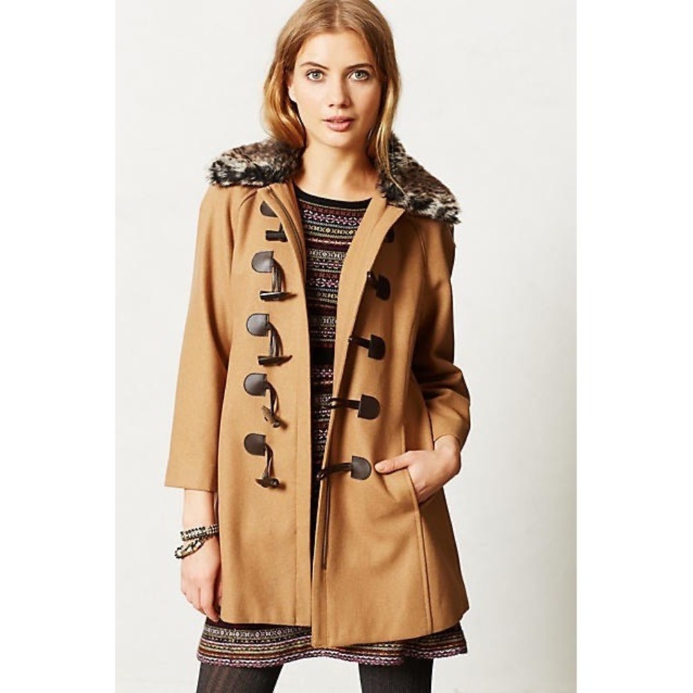 Anthropologie ELEVENSES Melton Wool Toggle Coat Leopard Fur Collar Size 2